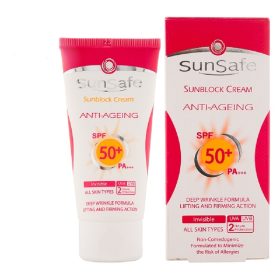 کرم ضد آفتاب بدون رنگ سان سیف spf 50 مدل ANTI AGEING مناسب برای انواع پوست حجم 50 میلی لیتر